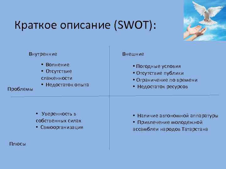 Краткое описание (SWOT): Внутренние Проблемы • Волнение • Отсутствие слаженности • Недостаток опыта •