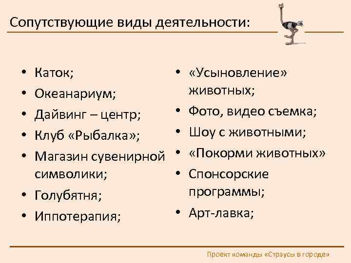 Сопутствующие виды деятельности: Каток; Океанариум; Дайвинг – центр; Клуб «Рыбалка» ; Магазин сувенирной символики;