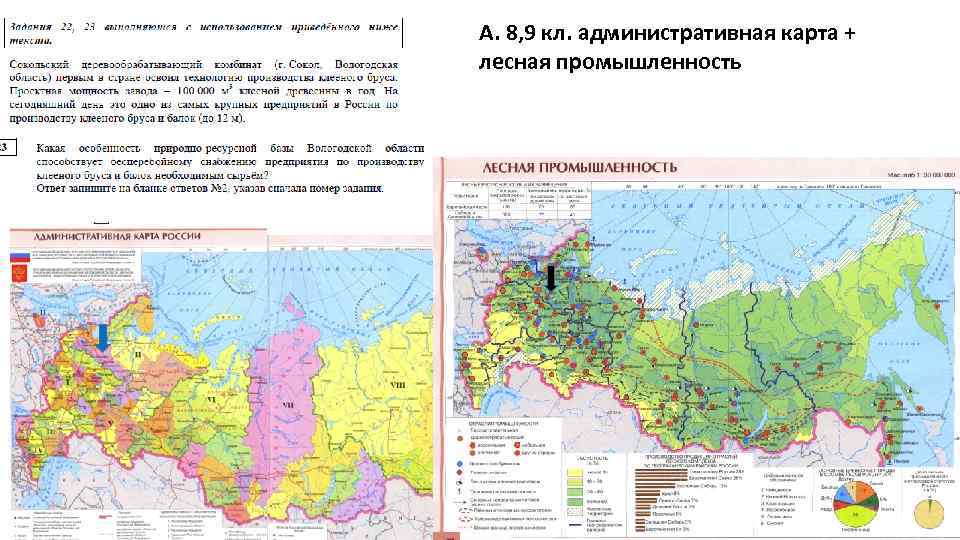 А. 8, 9 кл. административная карта + лесная промышленность 29 