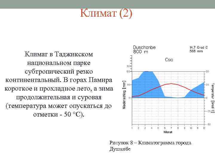 Климат (2) Климат в Таджикском национальном парке субтропический резко континентальный. В горах Памира короткое