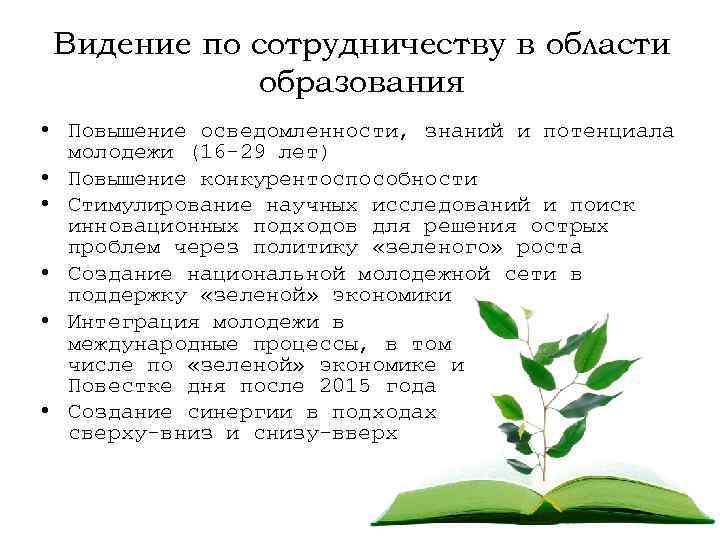 Видение по сотрудничеству в области образования • Повышение осведомленности, знаний и потенциала молодежи (16