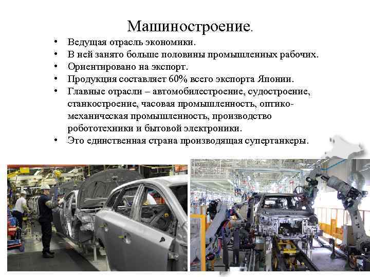 Машиностроение. • • • Ведущая отрасль экономики. В ней занято больше половины промышленных рабочих.