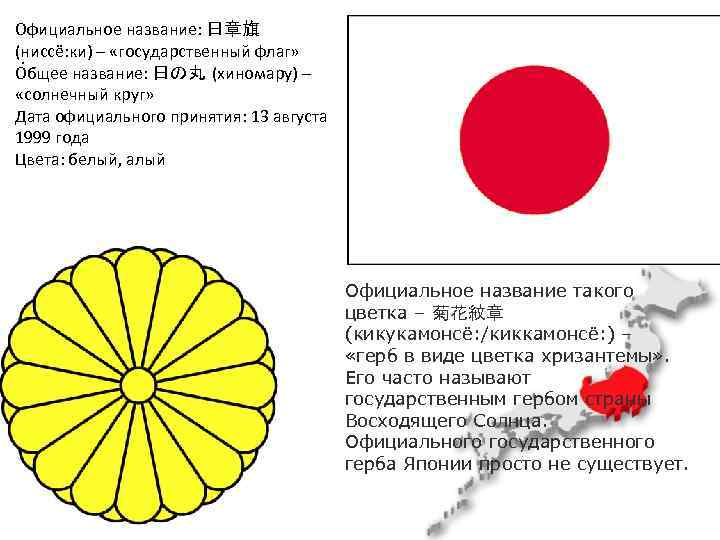 Официальное название: 日章旗 (ниссё: ки) – «государственный флаг» . Общее название: 日の丸 (хиномару) –