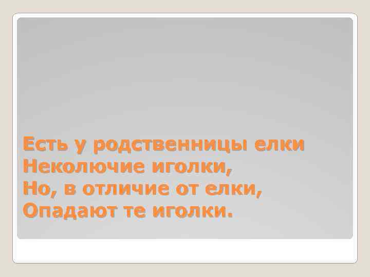 Есть у родственницы елки Неколючие иголки, Но, в отличие от елки, Опадают те иголки.