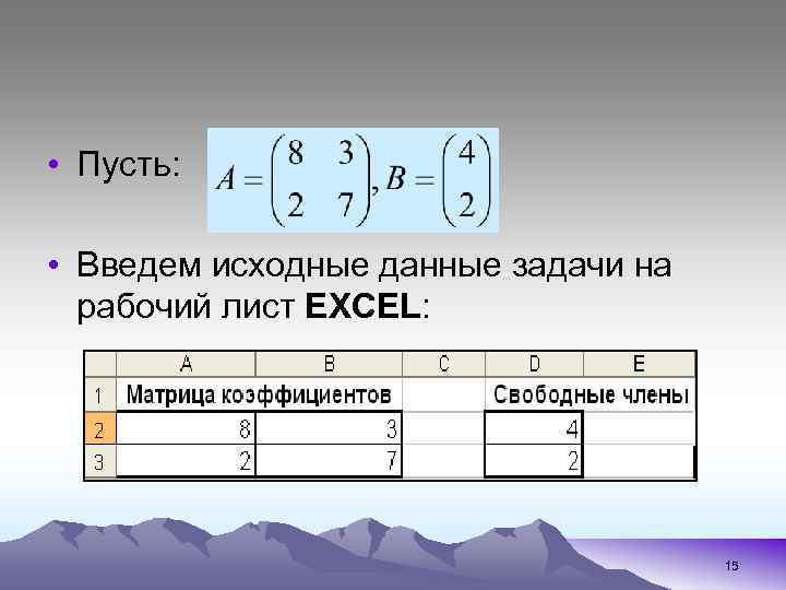  • Пусть: • Введем исходные данные задачи на рабочий лист EXCEL: 15 