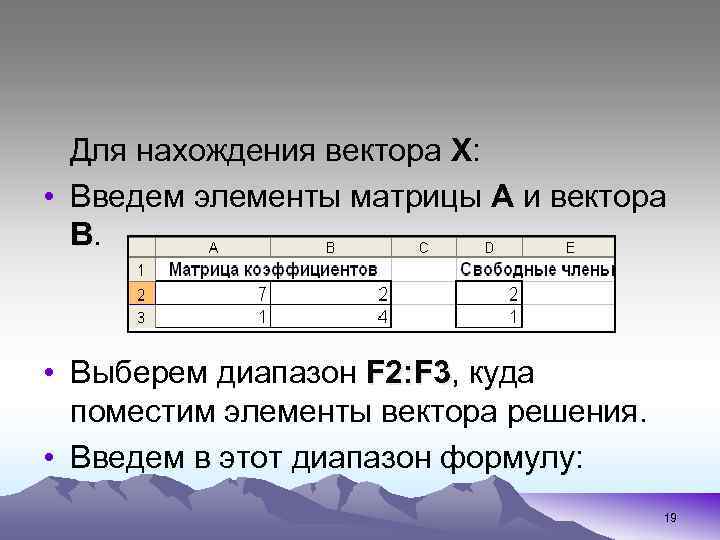 Для нахождения вектора Х: • Введем элементы матрицы А и вектора B. • Выберем