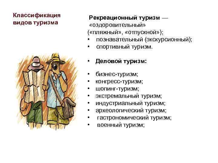 Классификация видов туризма Рекреационный туризм — «оздоровительный» ( «пляжный» , «отпускной» ); • познавательный