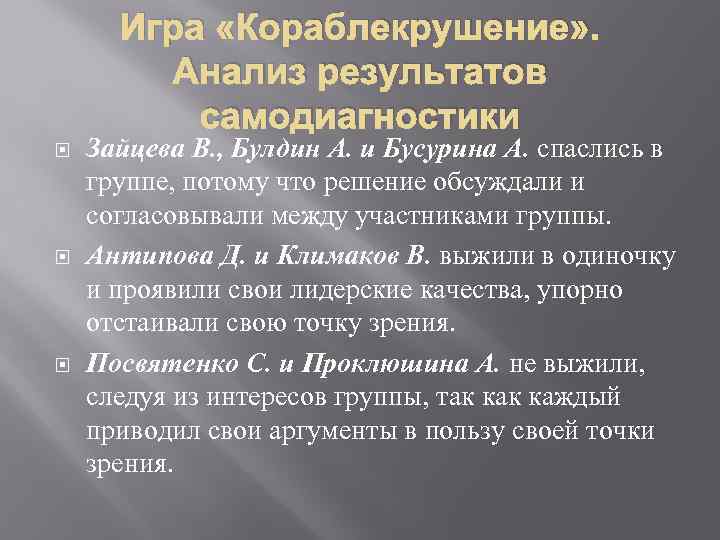 Игра «Кораблекрушение» . Анализ результатов самодиагностики Зайцева В. , Булдин А. и Бусурина А.