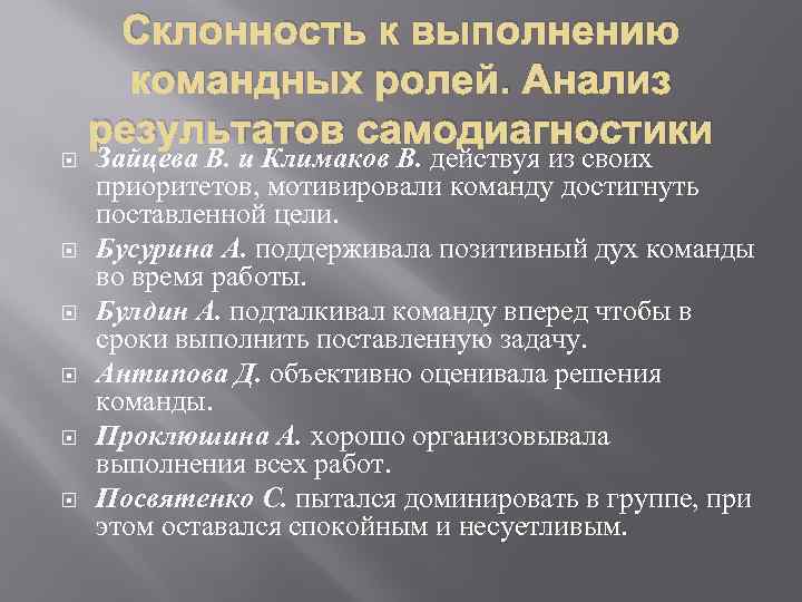 Склонность к выполнению командных ролей. Анализ результатов самодиагностики Зайцева В. и Климаков В. действуя