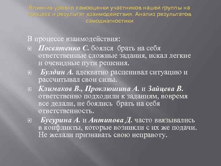 Влияние уровня самооценки участников нашей группы на процесс и результат взаимодействия. Анализ результатов самодиагностики
