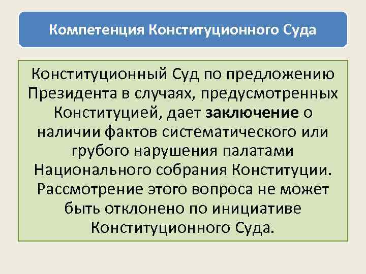 Компетенция Конституционного Суда Конституционный Суд по предложению Президента в случаях, предусмотренных Конституцией, дает заключение