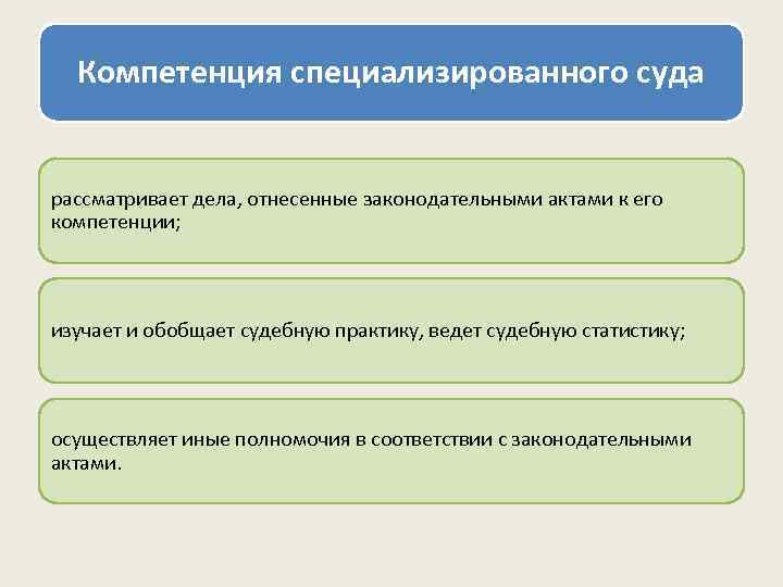 Компетенция специализированного суда рассматривает дела, отнесенные законодательными актами к его компетенции; изучает и обобщает