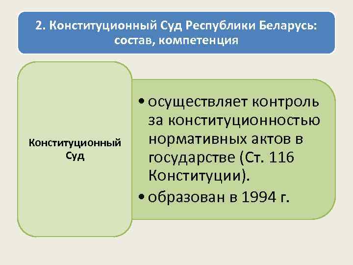 2. Конституционный Суд Республики Беларусь: состав, компетенция Конституционный Суд • осуществляет контроль за конституционностью