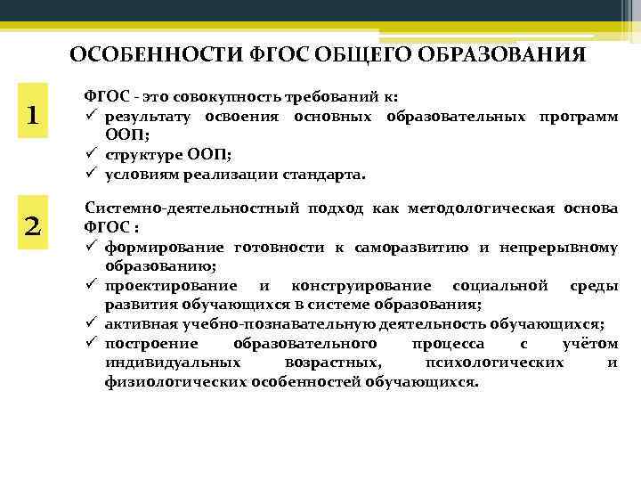 ОСОБЕННОСТИ ФГОС ОБЩЕГО ОБРАЗОВАНИЯ 1 ФГОС - это совокупность требований к: ü результату освоения