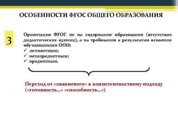 ОСОБЕННОСТИ ФГОС ОБЩЕГО ОБРАЗОВАНИЯ 3 Ориентация ФГОС не на содержание образования (отсутствие дидактических единиц),