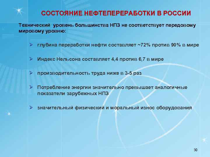 СОСТОЯНИЕ НЕФТЕПЕРЕРАБОТКИ В РОССИИ Технический уровень большинства НПЗ не соответствует передовому мировому уровню: Ø