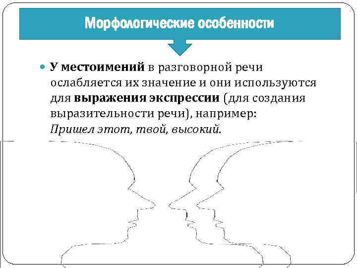 Морфологические особенности У местоимений в разговорной речи ослабляется их значение и они используются для