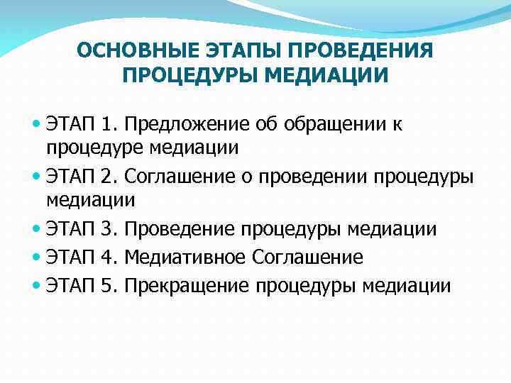 ОСНОВНЫЕ ЭТАПЫ ПРОВЕДЕНИЯ ПРОЦЕДУРЫ МЕДИАЦИИ ЭТАП 1. Предложение об обращении к процедуре медиации ЭТАП