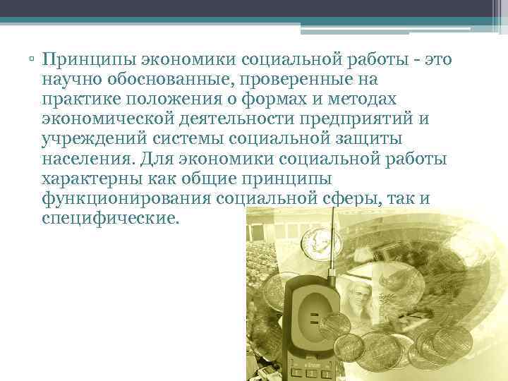 ▫ Принципы экономики социальной работы - это научно обоснованные, проверенные на практике положения о