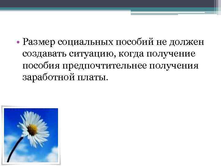  • Размер социальных пособий не должен создавать ситуацию, когда получение пособия предпочтительнее получения