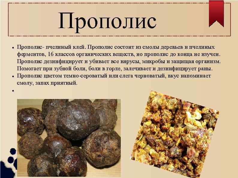 Прополис l l l Прополис- пчелиный клей. Прополис состоит из смолы деревьев и пчелиных