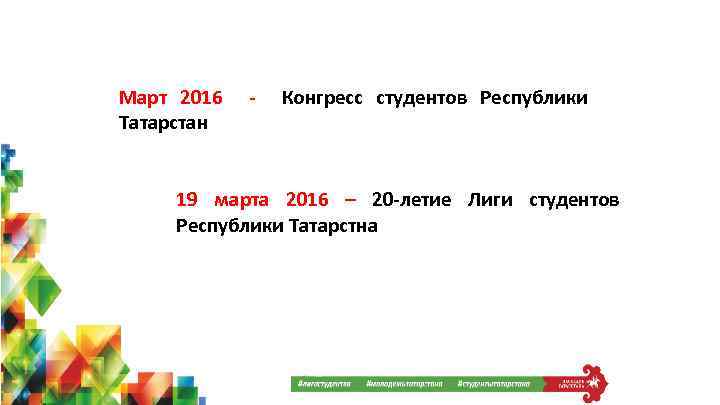 Март 2016 Татарстан - Конгресс студентов Республики 19 марта 2016 – 20 -летие Лиги