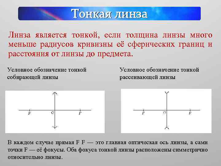 Тонкая линза Линза является тонкой, если толщина линзы много меньше радиусов кривизны её сферических