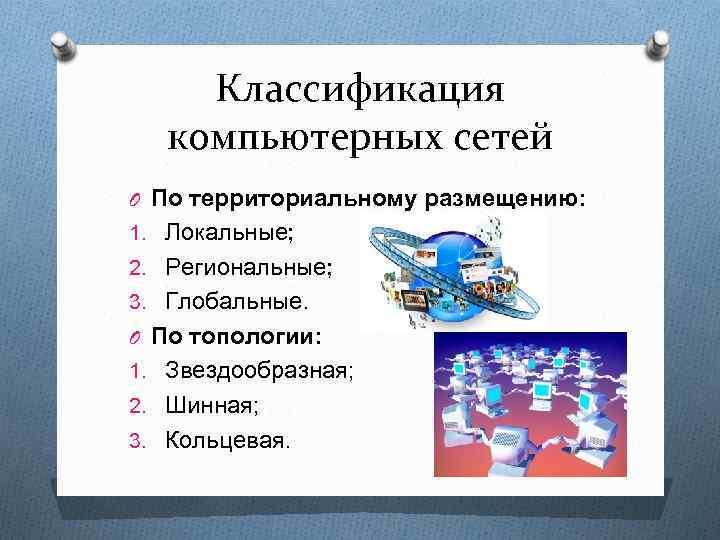 Классификация компьютерных сетей O По территориальному размещению: 1. Локальные; 2. Региональные; 3. Глобальные. O