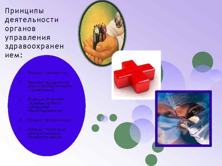 Принципы деятельности органов управления здравоохранен ием: 1. Принцип законности. 2. Принцип приоритета прав и