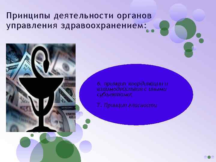 Принципы деятельности органов управления здравоохранением: 6. принцип координации и взаимодействия с иными субъектами; 7.