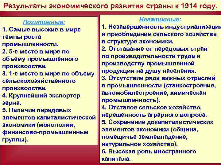 Результаты экономического развития страны к 1914 году. Позитивные: 1. Самые высокие в мире темпы