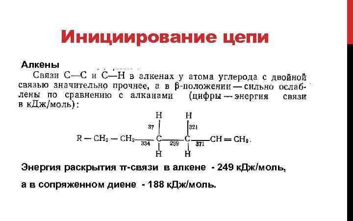 Инициирование цепи Алкены Энергия раскрытия π-связи в алкене - 249 к. Дж/моль, а в