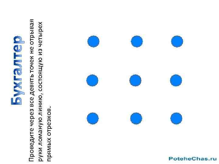 Проведите через все девять точек не отрывая руки ломаную линию, состоящую из четырех прямых
