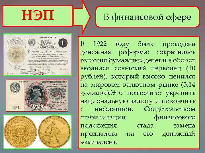 НЭП В финансовой сфере В 1922 году была проведена денежная реформа: сократилась эмиссия бумажных