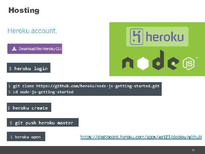 Hosting https: //dashboard. heroku. com/apps/xo 123/deploy/github 19 