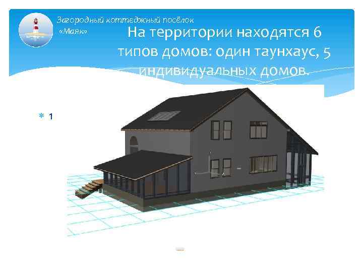 Загородный коттеджный посёлок «Маяк» На территории находятся 6 типов домов: один таунхаус, 5 индивидуальных