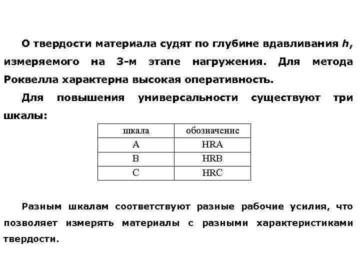 О твердости материала судят по глубине вдавливания h, измеряемого на 3 -м этапе нагружения.