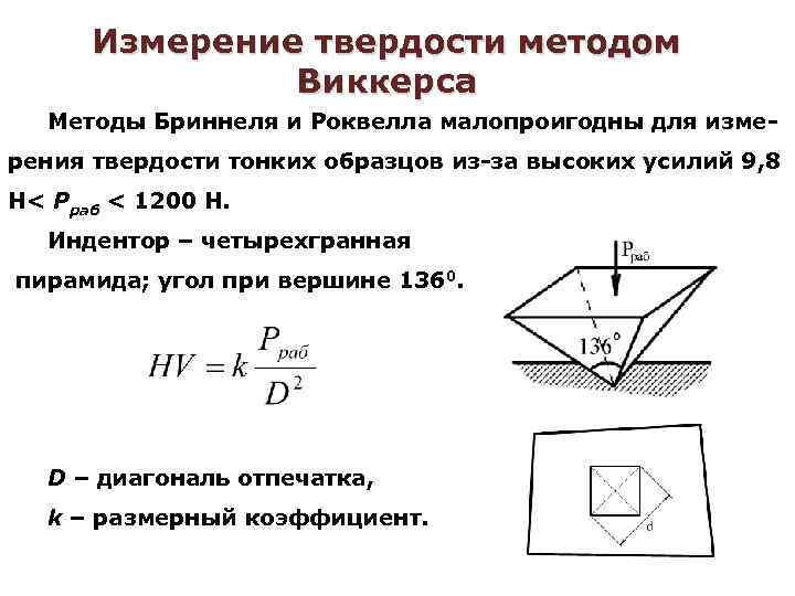 Измерение твердости методом Виккерса Методы Бриннеля и Роквелла малопроигодны для измерения твердости тонких образцов