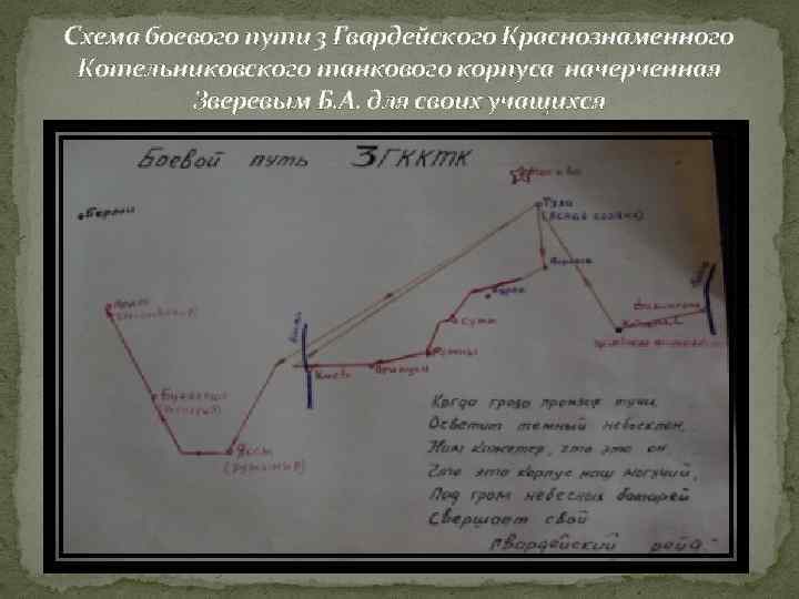 Схема боевого пути 3 Гвардейского Краснознаменного Котельниковского танкового корпуса начерченная Зверевым Б. А. для