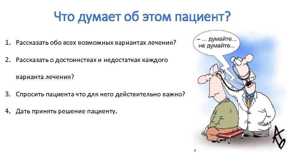 Что думает об этом пациент? 1. Рассказать обо всех возможных вариантах лечения? 2. Рассказать