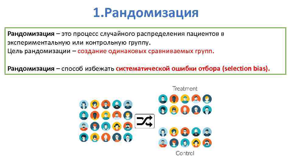 1. Рандомизация – это процесс случайного распределения пациентов в экспериментальную или контрольную группу. Цель