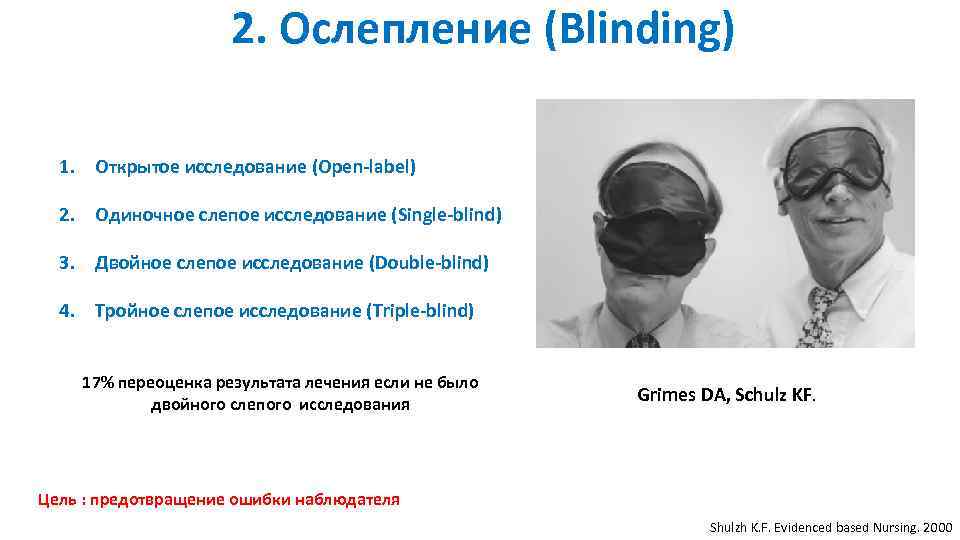 2. Ослепление (Blinding) 1. Открытое исследование (Open-label) 2. Одиночное слепое исследование (Single-blind) 3. Двойное