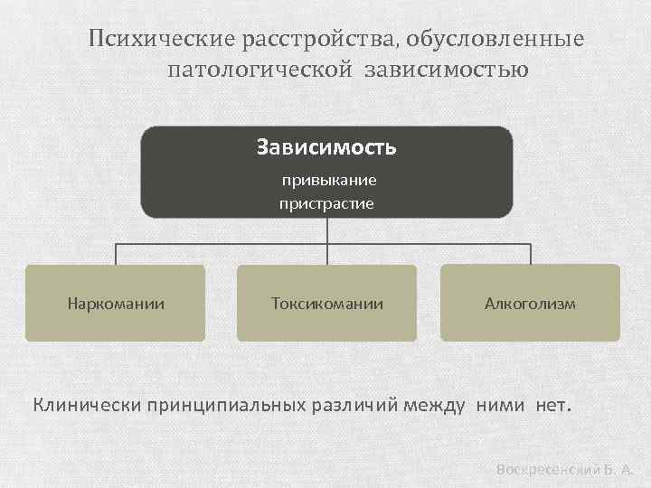 Психические расстройства, обусловленные патологической зависимостью Зависимость привыкание пристрастие Наркомании Токсикомании Алкоголизм Клинически принципиальных различий