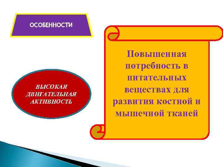 ОСОБЕННОСТИ ВЫСОКАЯ ДВИГАТЕЛЬНАЯ АКТИВНОСТЬ Повышенная потребность в питательных веществах для развития костной и мышечной