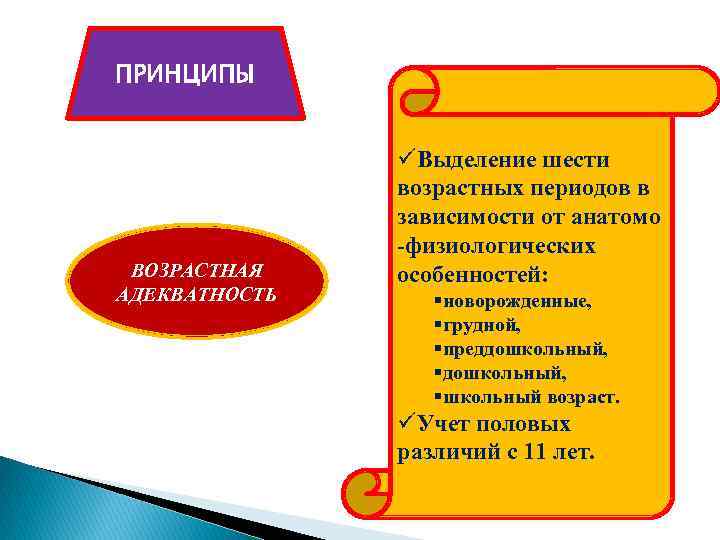 ПРИНЦИПЫ ВОЗРАСТНАЯ АДЕКВАТНОСТЬ üВыделение шести возрастных периодов в зависимости от анатомо -физиологических особенностей: §новорожденные,