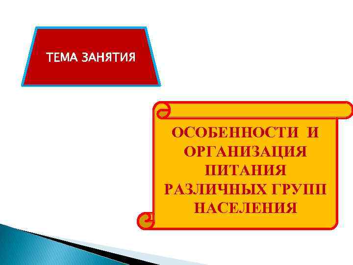 ТЕМА ЗАНЯТИЯ ОСОБЕННОСТИ И ОРГАНИЗАЦИЯ ПИТАНИЯ РАЗЛИЧНЫХ ГРУПП НАСЕЛЕНИЯ 