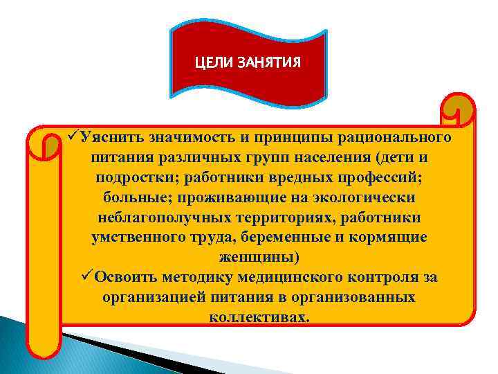 ЦЕЛИ ЗАНЯТИЯ üУяснить значимость и принципы рационального питания различных групп населения (дети и подростки;