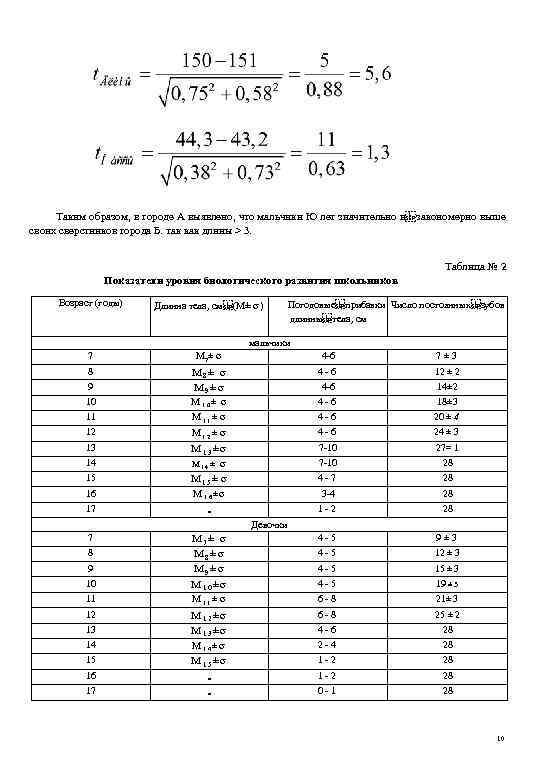 Таким образом, в городе А выявлено, что мальчики Ю лет значительно и закономерно выше своих