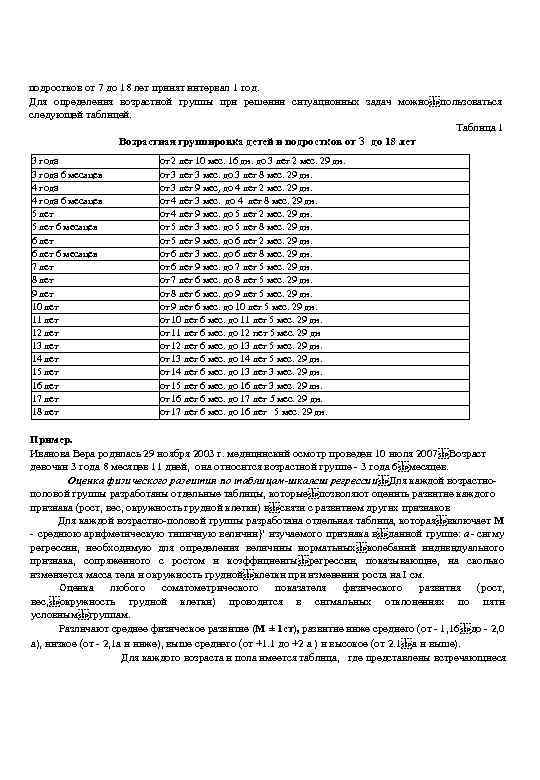 подростков от 7 до 18 лет принят интервал 1 год. Для определения возрастной группы