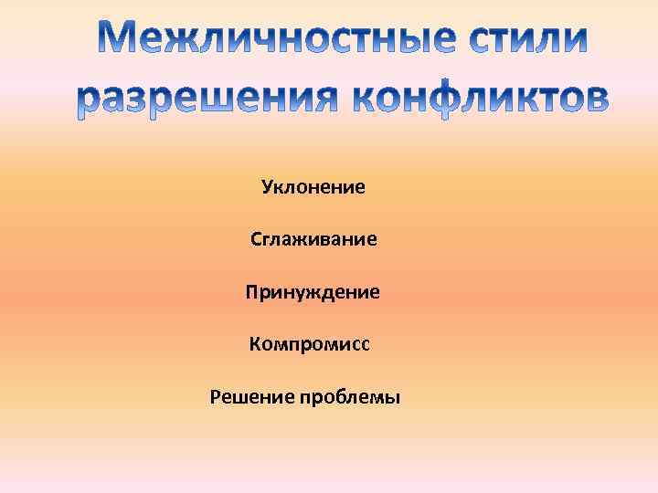 Уклонение Сглаживание Принуждение Компромисс Решение проблемы 